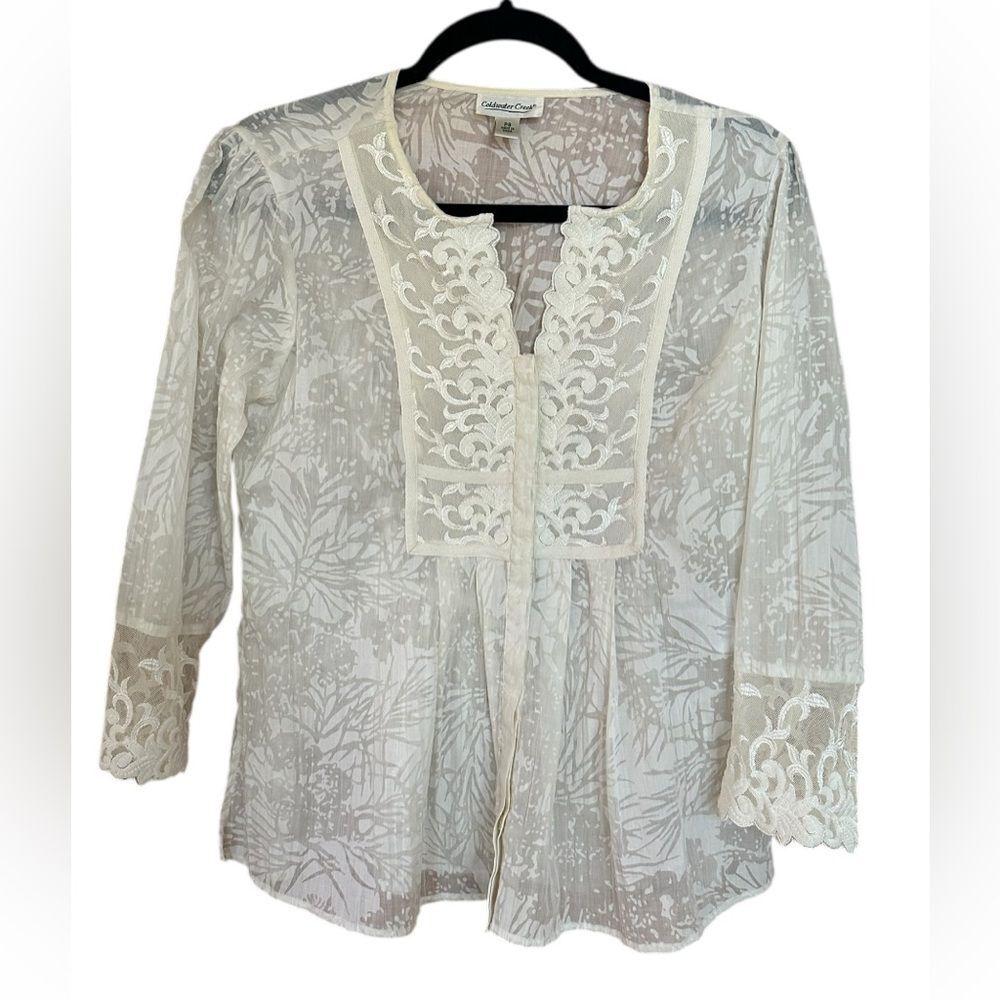 Coldwater Creek Ivory Embroidered 3/4 Sleeve Blouse. Size Petite Small